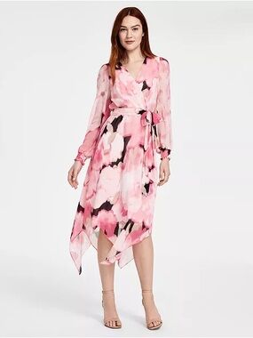 Anne Klein Women's Pink Floral Chiffon Midi Dress Size 4 Peony Print Long Sleeve